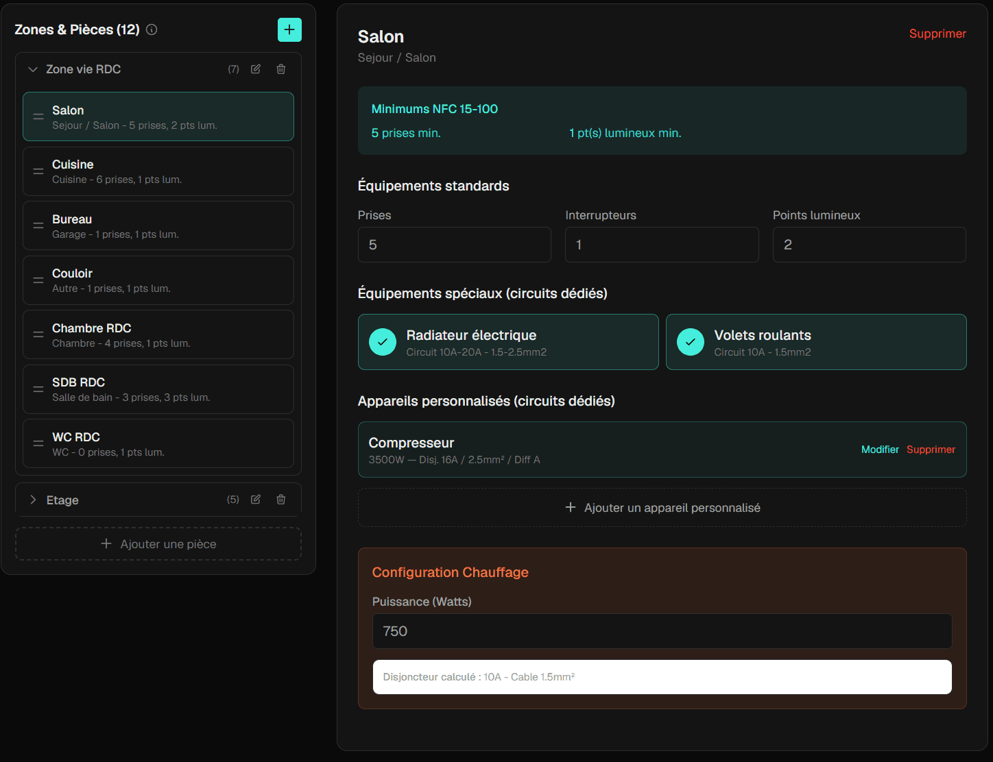 Configuration detaillee de chaque piece selon la NFC 15-100